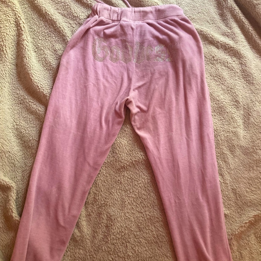 Lounge and activewear pink with gem embroidery on the booty (says goddess)